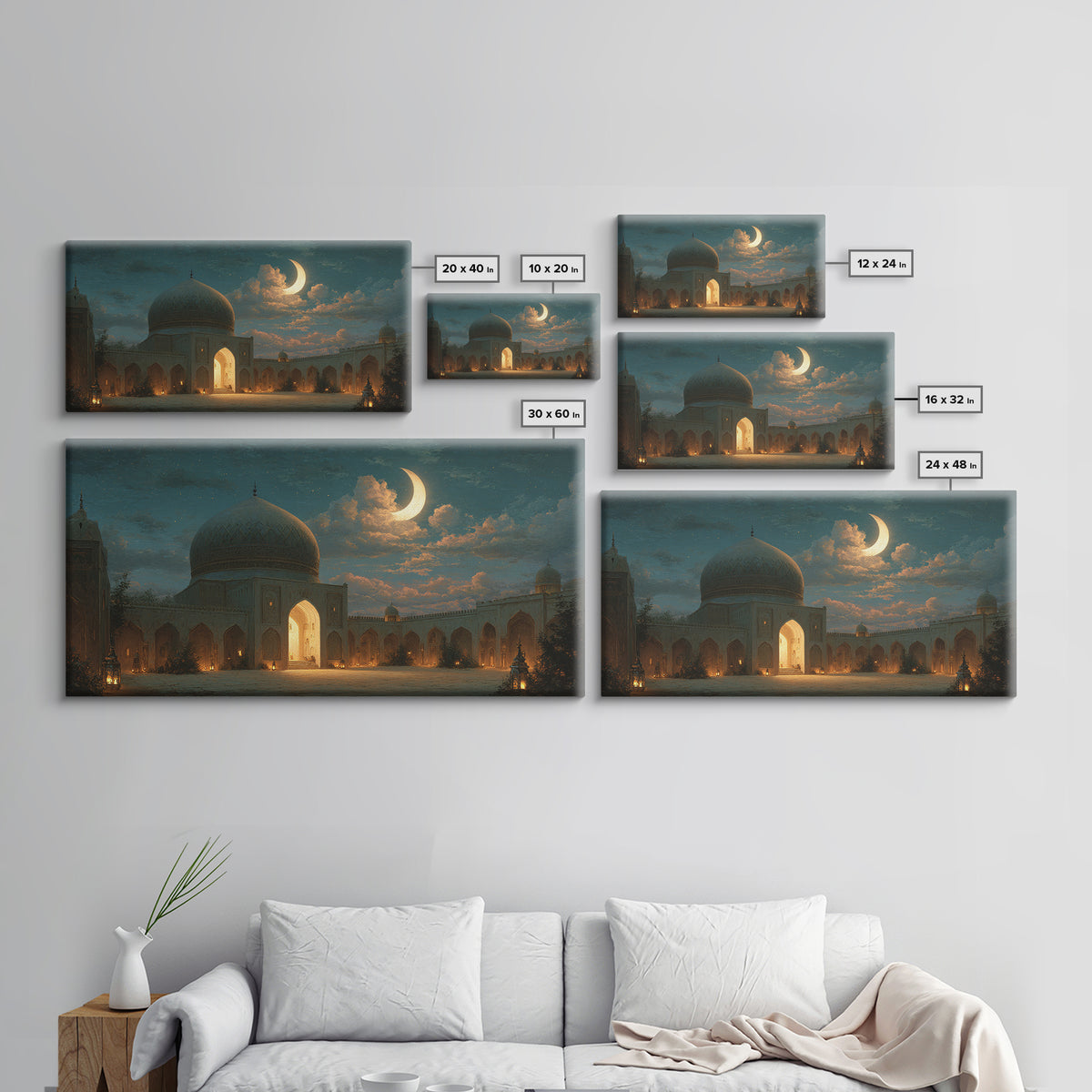 Crescent Moon Mosque Courtyard Framed Canvas Print, Islamic Wall Art, Ramadan Decor, Arabic Architecture Gift For Prayer Room Decor