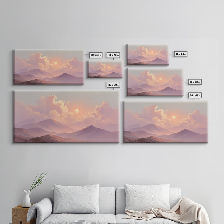 Misty Pink Mountain Sunset Wall Art, Pastel Landscape Canvas Print, Serene Nature Decor, Bedroom Above Bed Calming Wall Art