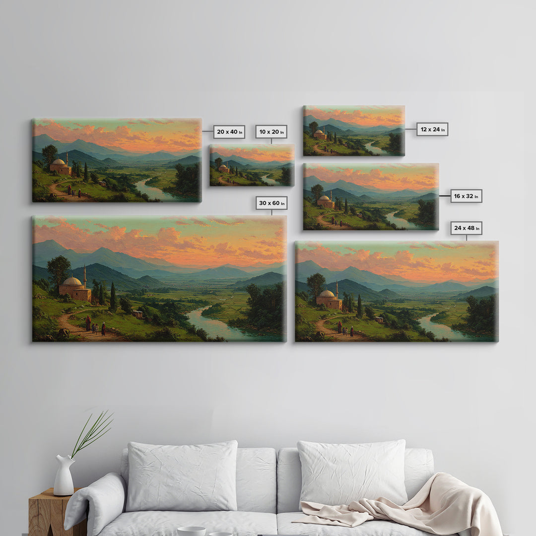 Mountain Valley Mosque At Golden Sunset Canvas Print, Panoramic Landscape Wall Art, Rustic Home Decor, Travel Poster, Fine Art Print