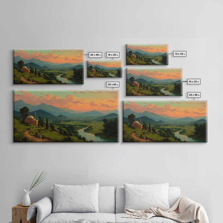 Mountain Valley Mosque At Golden Sunset Canvas Print, Panoramic Landscape Wall Art, Rustic Home Decor, Travel Poster, Fine Art Print