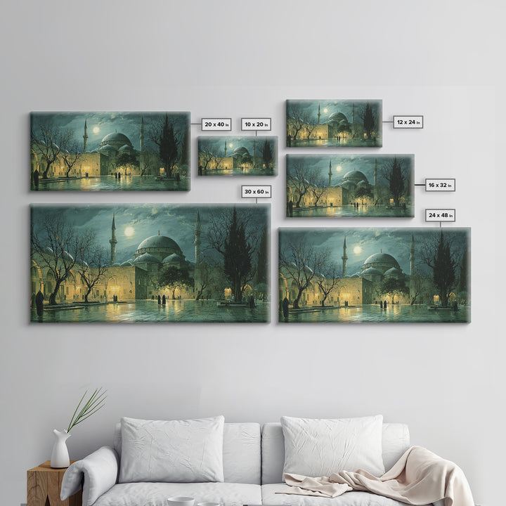 Moonlit Ottoman Mosque Wall Art, Islamic Architecture Canvas Print, Istanbul Landscape, Ramadan Decor, Elegant Home Decor