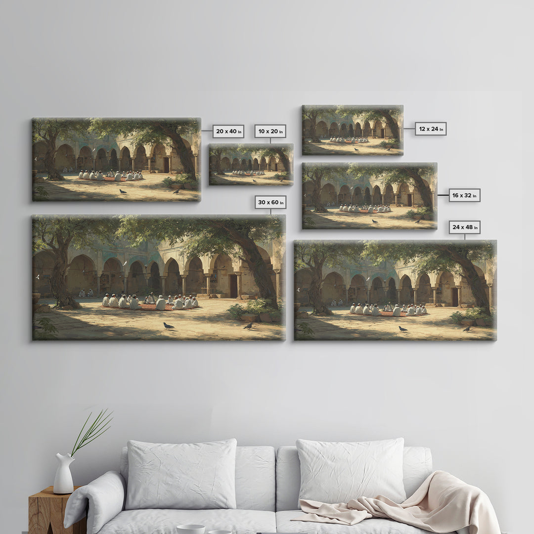 Sunlit Madrasa Courtyard Wall Art, Islamic Architecture Canvas Print, Peaceful Meditation Room Decor, Serene Travel Poster