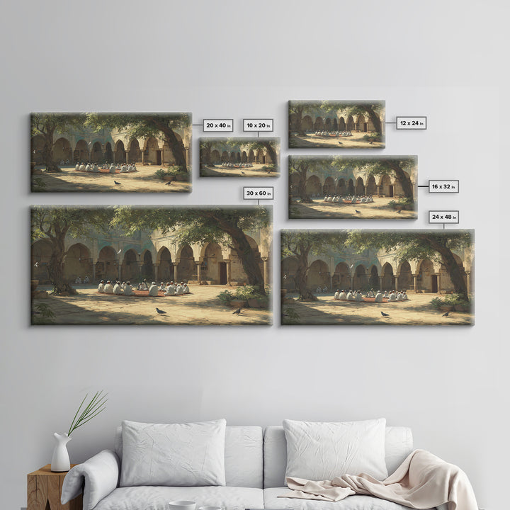 Sunlit Madrasa Courtyard Wall Art, Islamic Architecture Canvas Print, Peaceful Meditation Room Decor, Serene Travel Poster