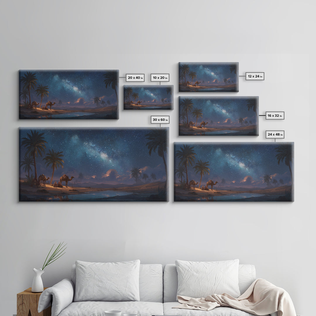 Starry Desert Oasis With Camels Wall Art, Celestial Landscape Canvas Print, Boho Travel Decor, Night Sky Gift For Him, Large Wall Decor