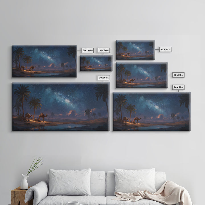 Starry Desert Oasis With Camels Wall Art, Celestial Landscape Canvas Print, Boho Travel Decor, Night Sky Gift For Him, Large Wall Decor