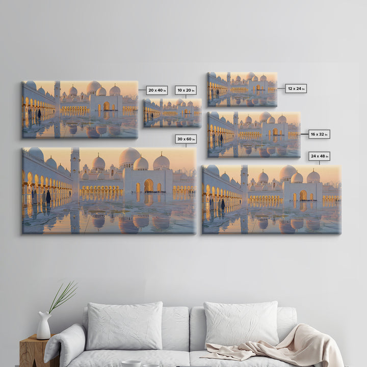 Golden Mosque Reflections Wall Art, Islamic Framed Canvas Print, Serene Architecture Decor For Prayer Room And Home, Office Decor