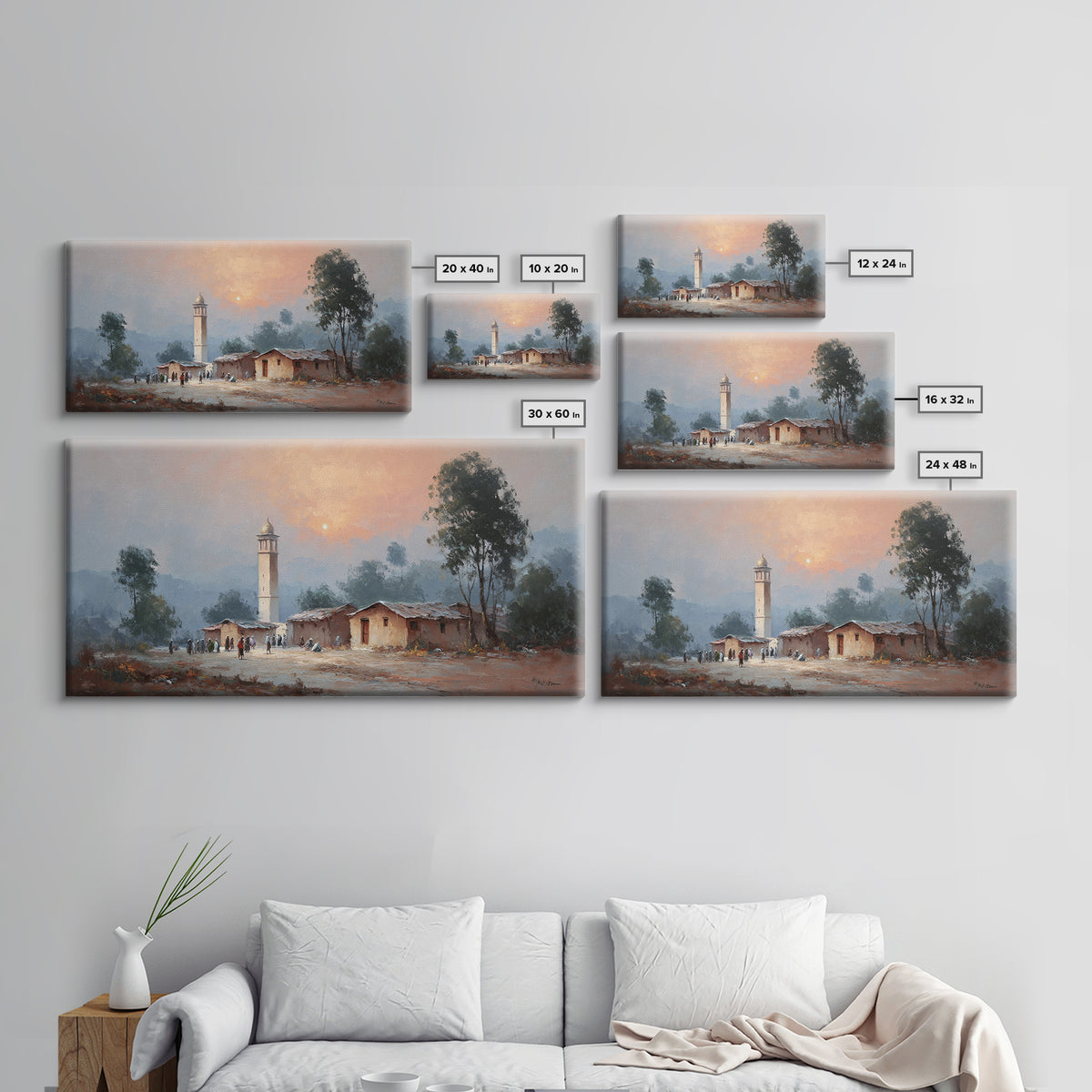 Sunset Mosque Village And Misty Rural Landscape Canvas Print, Country Wall Art, Rustic Home Decor, Housewarming Gift, Fine Art Print