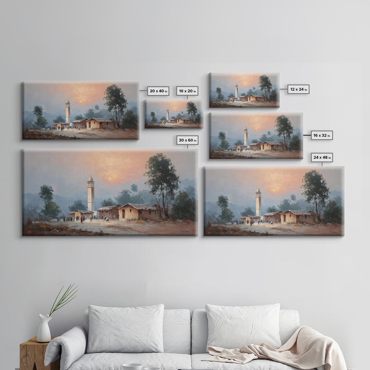 Sunset Mosque Village And Misty Rural Landscape Canvas Print, Country Wall Art, Rustic Home Decor, Housewarming Gift, Fine Art Print