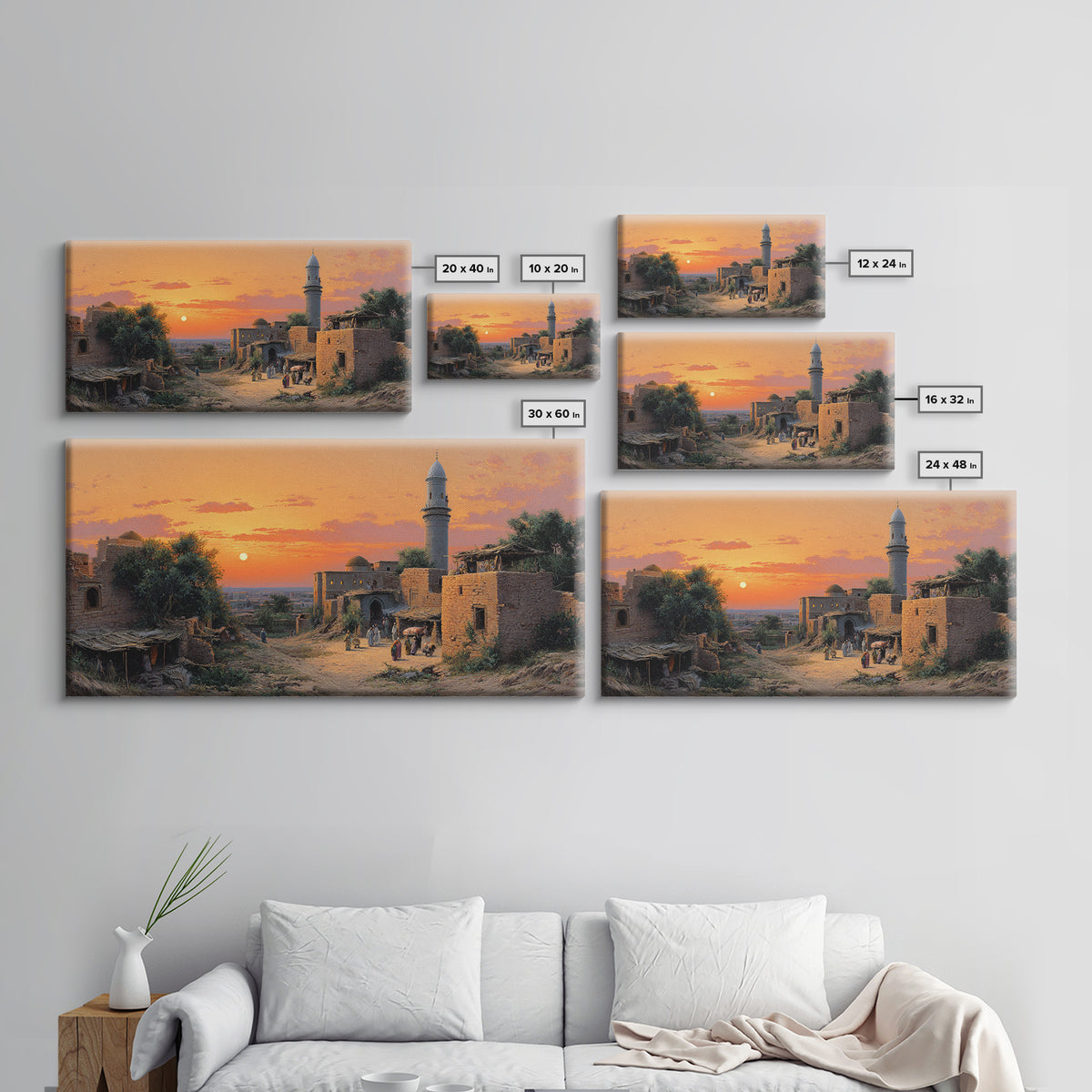 Sunset Village With Stone Mosque Wall Art, Middle Eastern Travel Poster, Islamic Home Decor, Warm Landscape Print, Gift Idea