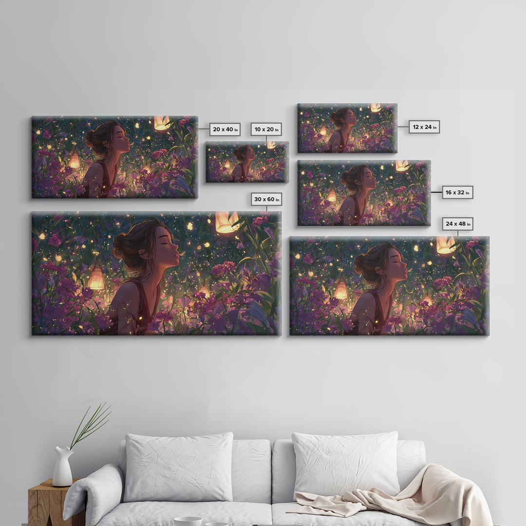 Dreamy Woman In Lantern Flower Garden Wall Art, Fantasy Canvas Print, Whimsical Floral Decor, Feminine Bedroom Gift For Her