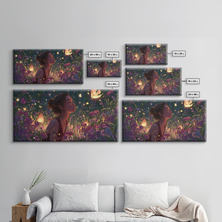 Dreamy Woman In Lantern Flower Garden Wall Art, Fantasy Canvas Print, Whimsical Floral Decor, Feminine Bedroom Gift For Her