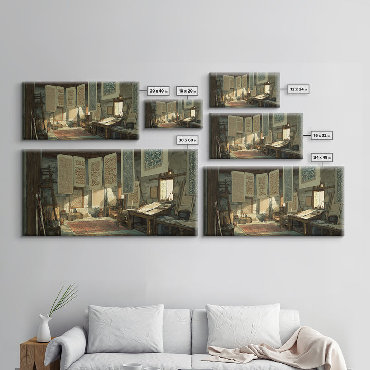 Sunlit Arabic Calligraphy Studio Wall Art, Islamic Art Print, Persian Decor, Prayer Room Canvas Print, Unique Housewarming Gift