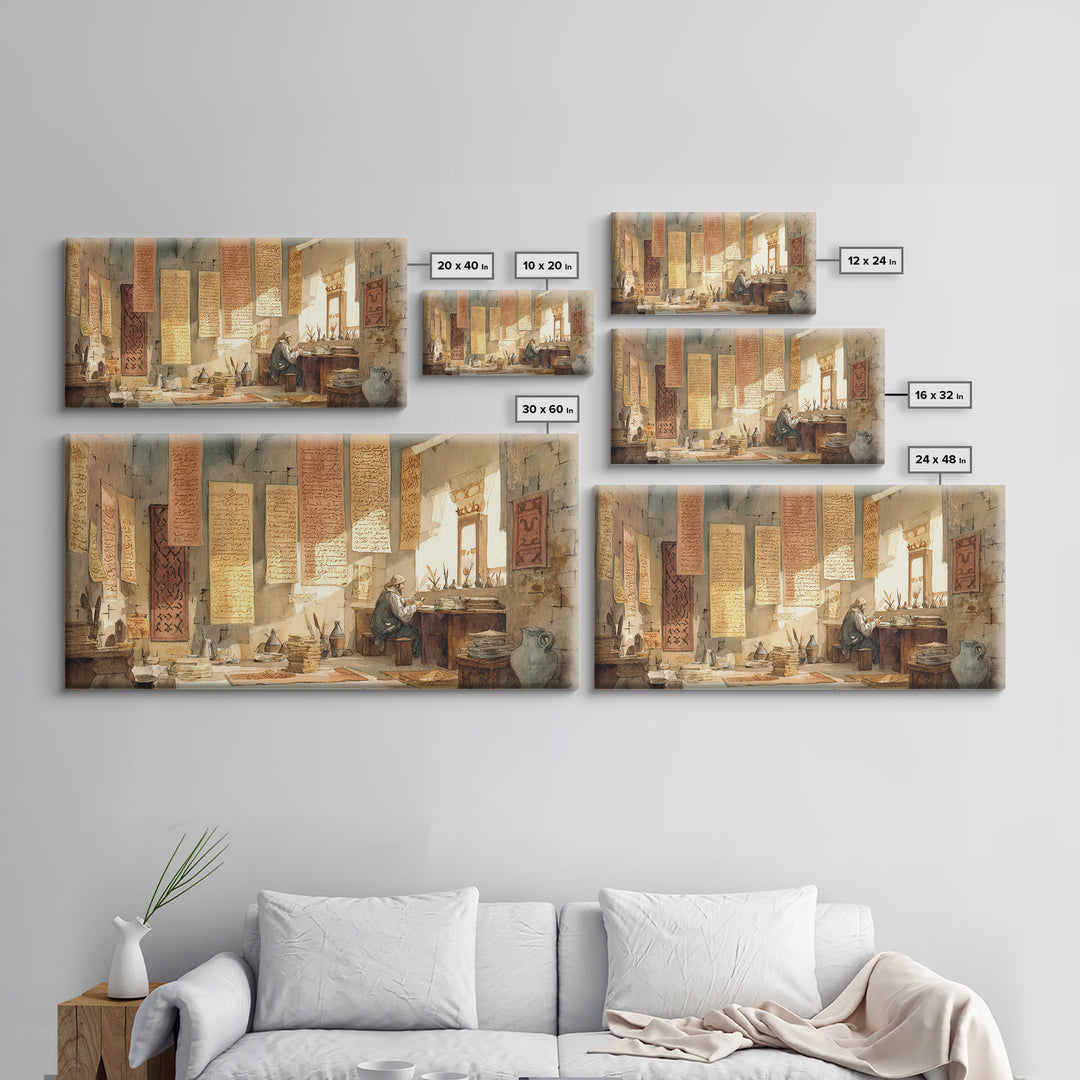 Sunlit Scribe Study Wall Art, Ancient Manuscripts Canvas, Scholarly Library Decor, Historical Calligraphy Art Print Gift