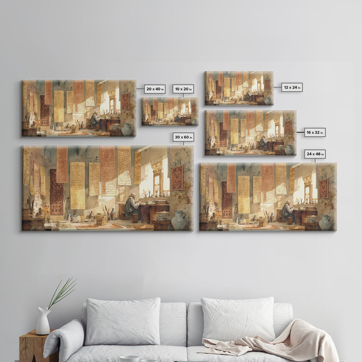 Sunlit Scribe Study Wall Art, Ancient Manuscripts Canvas, Scholarly Library Decor, Historical Calligraphy Art Print Gift