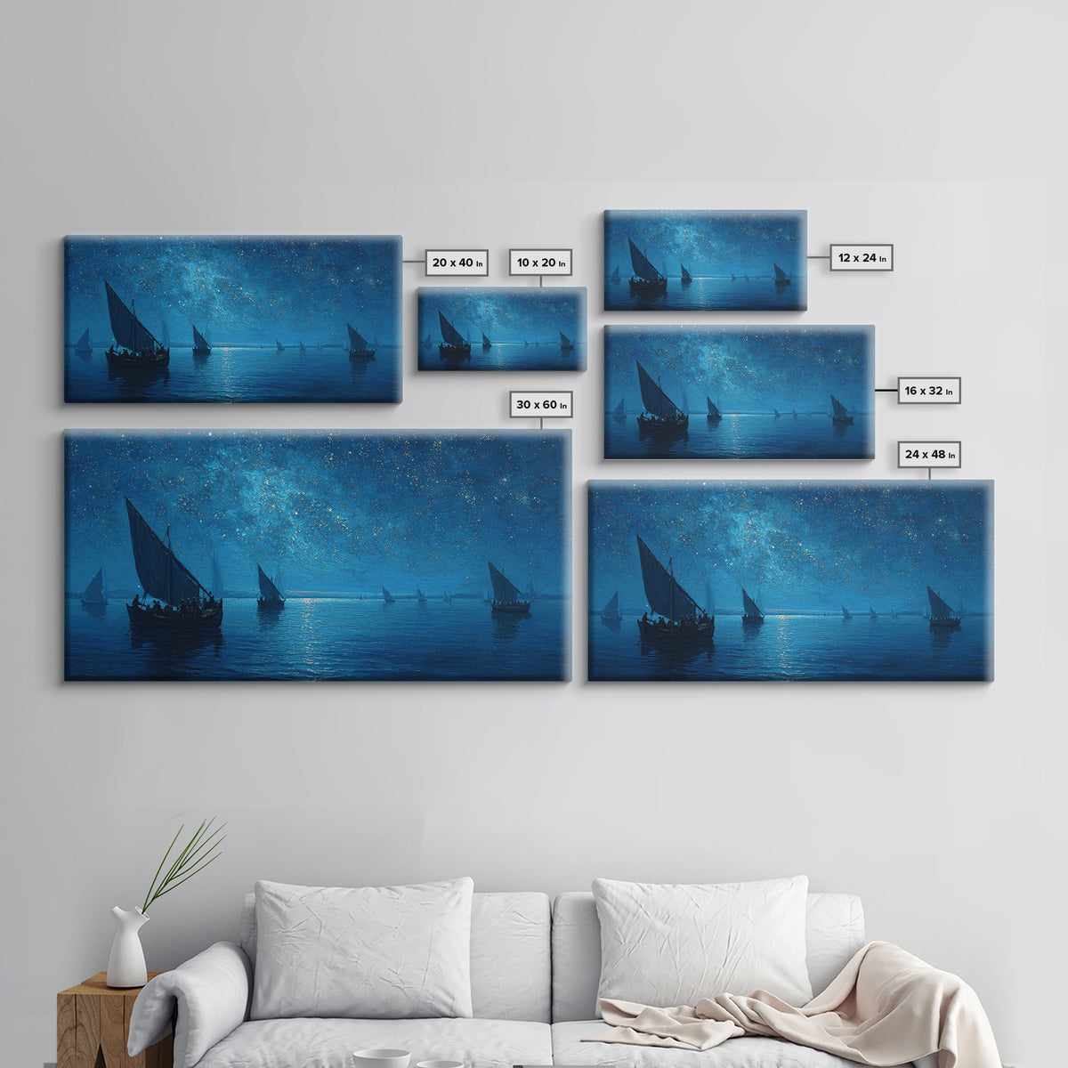 Starry Blue Night Sailboats Canvas Print, Nautical Seascape Wall Art, Coastal Bedroom Decor, Ocean Housewarming Gift For Her