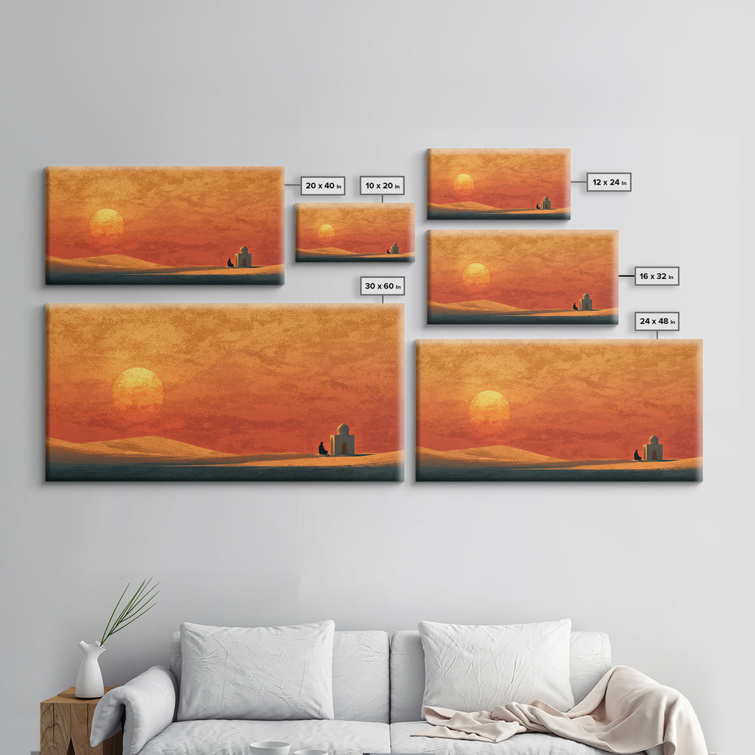 Desert Mosque At Orange Sunset Canvas Print, Islamic Wall Art, Moroccan Decor, Spiritual Art, Minimalist Home Decor Gift