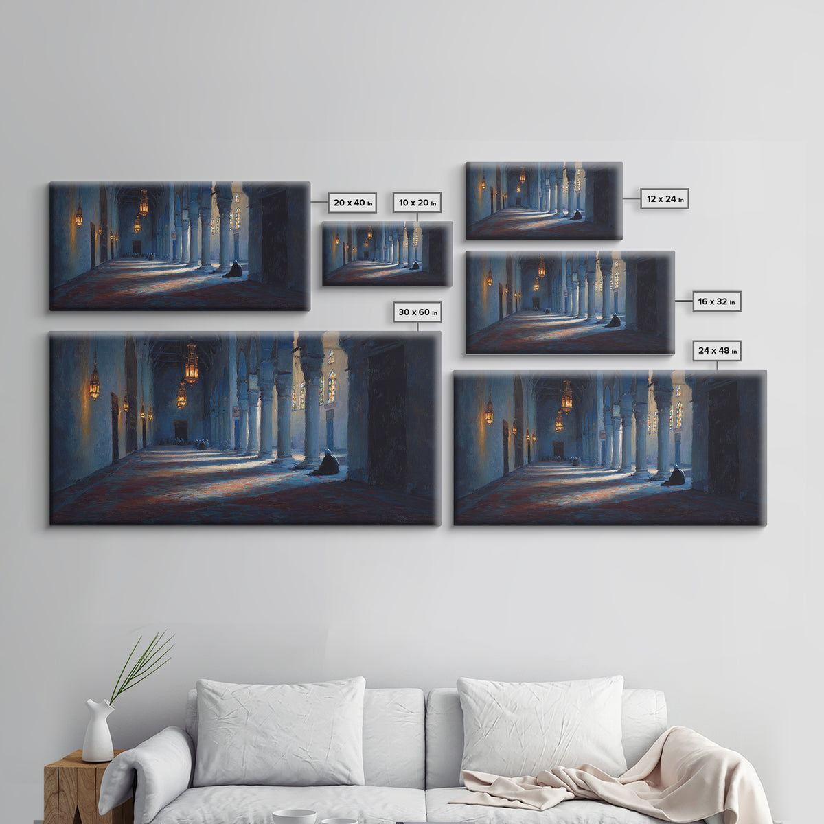 Blue Mosque Prayer Hall Wall Art, Moody Islamic Interior Canvas Print, Lantern Light, Spiritual Home Decor For Meditation