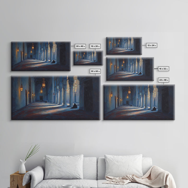 Blue Mosque Prayer Hall Wall Art, Moody Islamic Interior Canvas Print, Lantern Light, Spiritual Home Decor For Meditation
