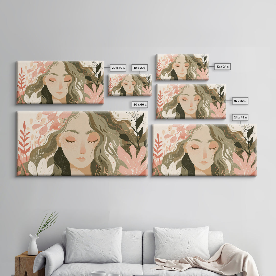 Serene Floral Woman Portrait Wall Art, Boho Botanical Canvas Wall Decor, Feminine Neutral Living Room Art Print, Gift For Her