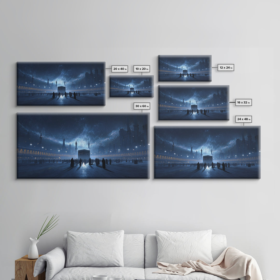 Kaaba Under Starry Blue Night Wall Art, Islamic Architecture Canvas Print, Ramadan Decor, Spiritual Travel Poster Gift Idea