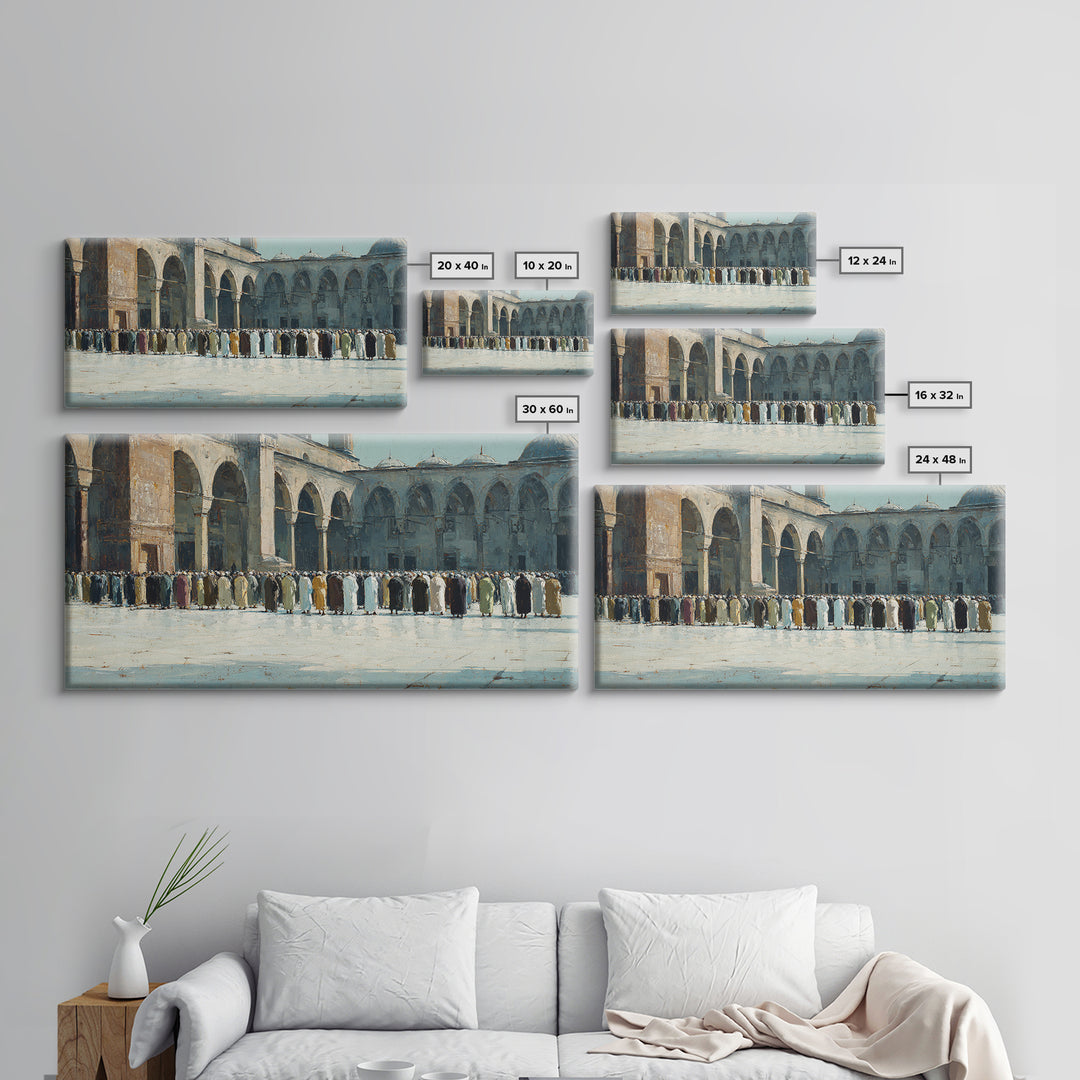 Islamic Courtyard Prayer Gathering Wall Art, Mosque Architecture Canvas Print, Muslim Home Decor, Ramadan Eid Spiritual Gift