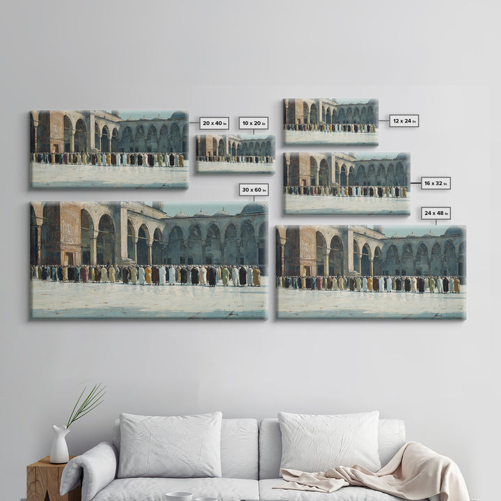 Islamic Courtyard Prayer Gathering Wall Art, Mosque Architecture Canvas Print, Muslim Home Decor, Ramadan Eid Spiritual Gift