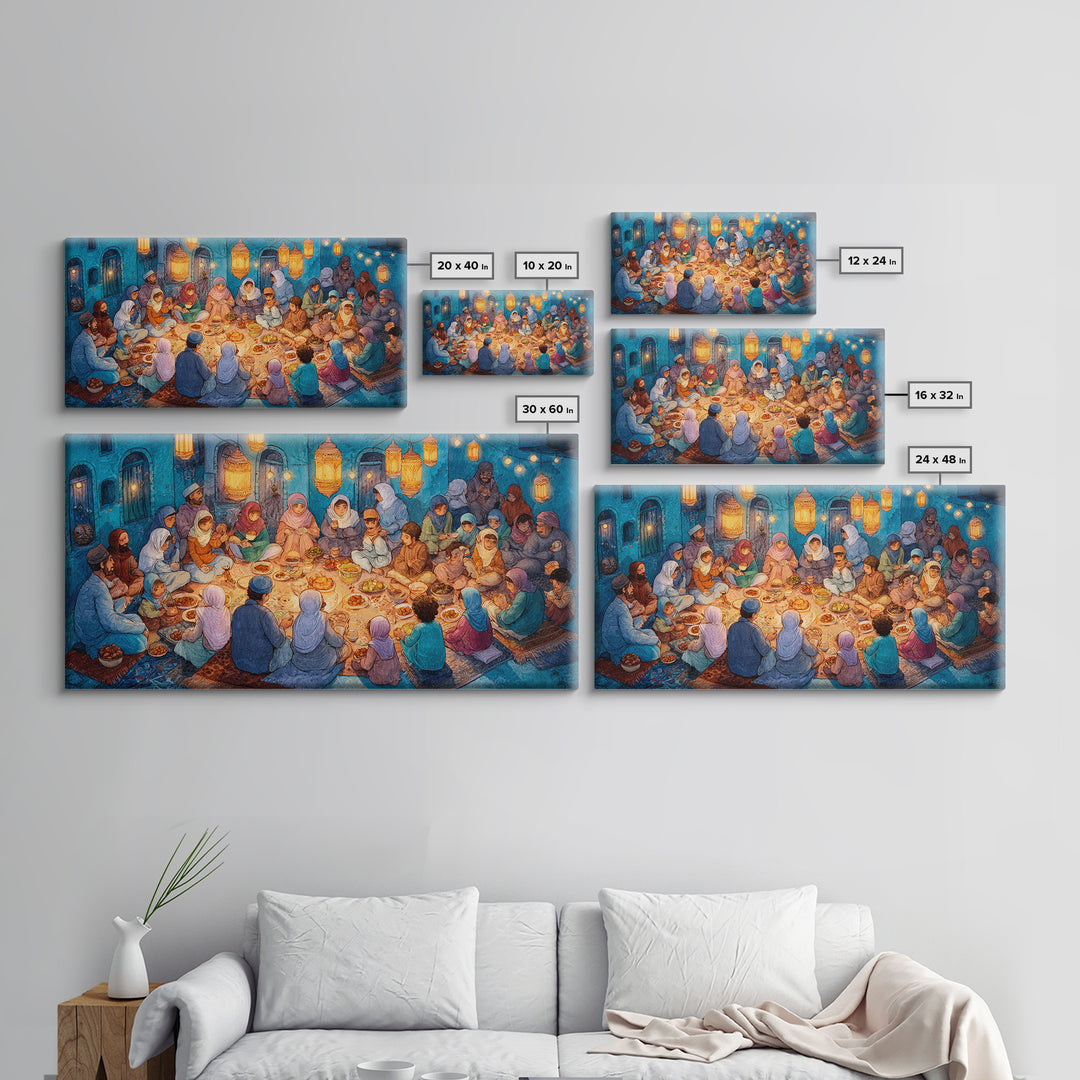 Ramadan Iftar Family Feast Under Lanterns Canvas Print, Islamic Wall Art, Eid Decor, Muslim Home Decor, Housewarming Gift