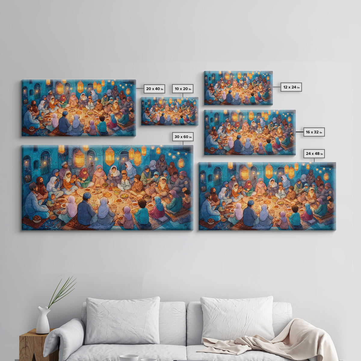 Ramadan Iftar Family Feast Under Lanterns Canvas Print, Islamic Wall Art, Eid Decor, Muslim Home Decor, Housewarming Gift