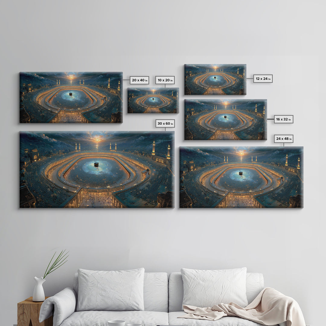 Aerial Kaaba Pilgrimage Wall Art, Islamic Framed Canvas Print, Mecca Mosque Spiritual Decor, Eid Muslim Housewarming Gift