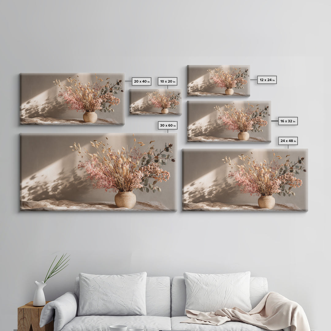 Blush Dried Floral Bouquet In Ceramic Vase Framed Canvas Print, Neutral Boho Wall Art, Earth Tone Living Room Decor Gift