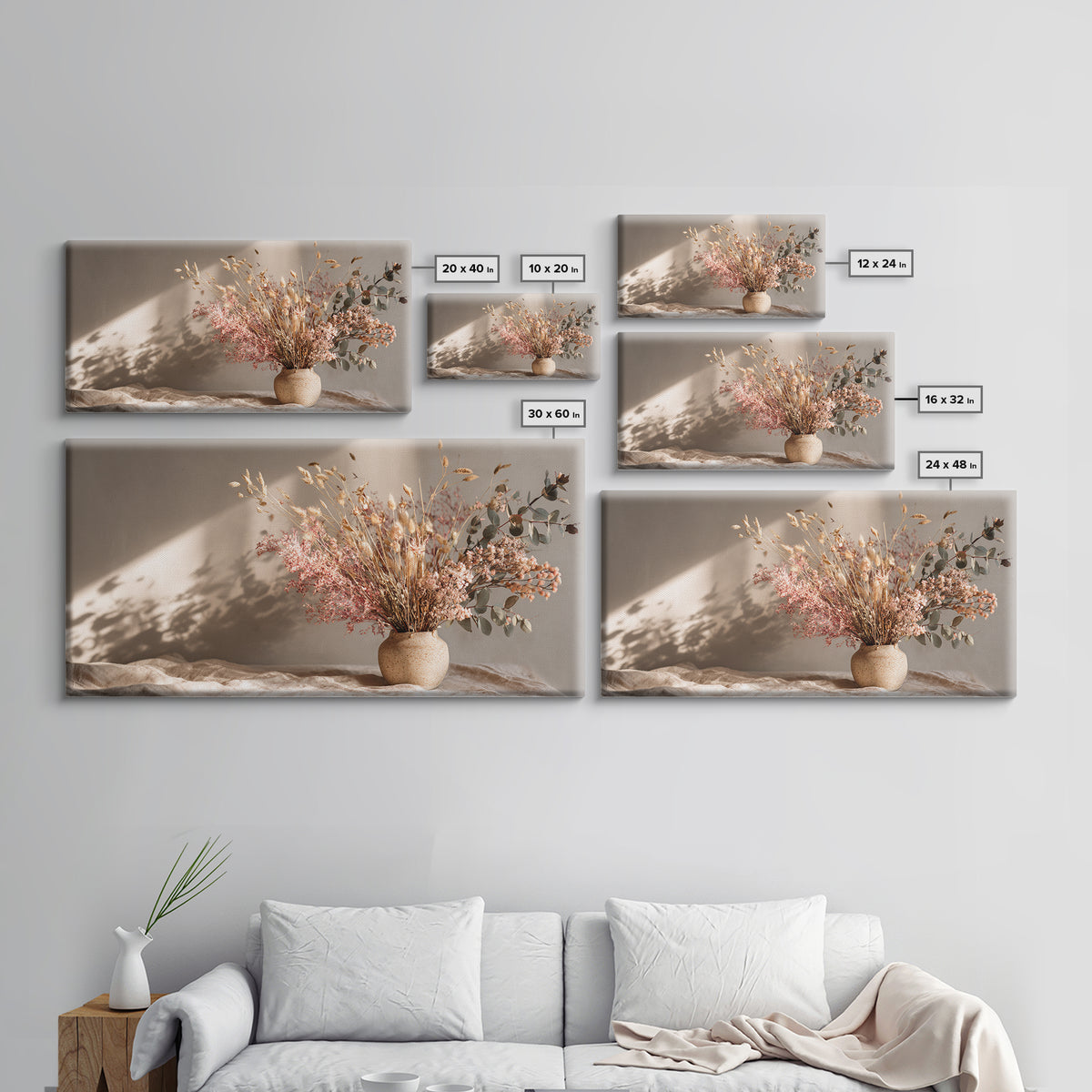 Blush Dried Floral Bouquet In Ceramic Vase Framed Canvas Print, Neutral Boho Wall Art, Earth Tone Living Room Decor Gift
