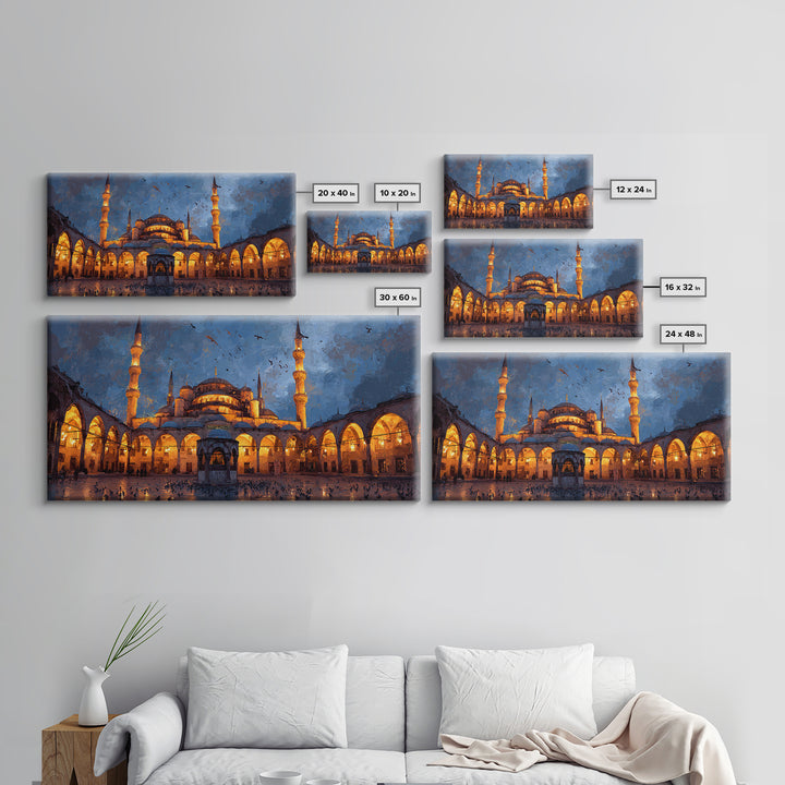 Illuminated Mosque Courtyard Wall Art, Islamic Architecture Canvas Print, Blue Evening Decor, Prayer Room Decor, Eid Gift