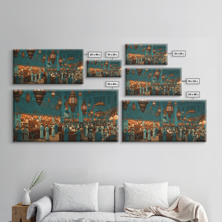 Moroccan Lantern Market Wall Art, Teal Souk Scene, Islamic Architecture Print, Middle Eastern Home Decor, Ramadan Gift For Living Room