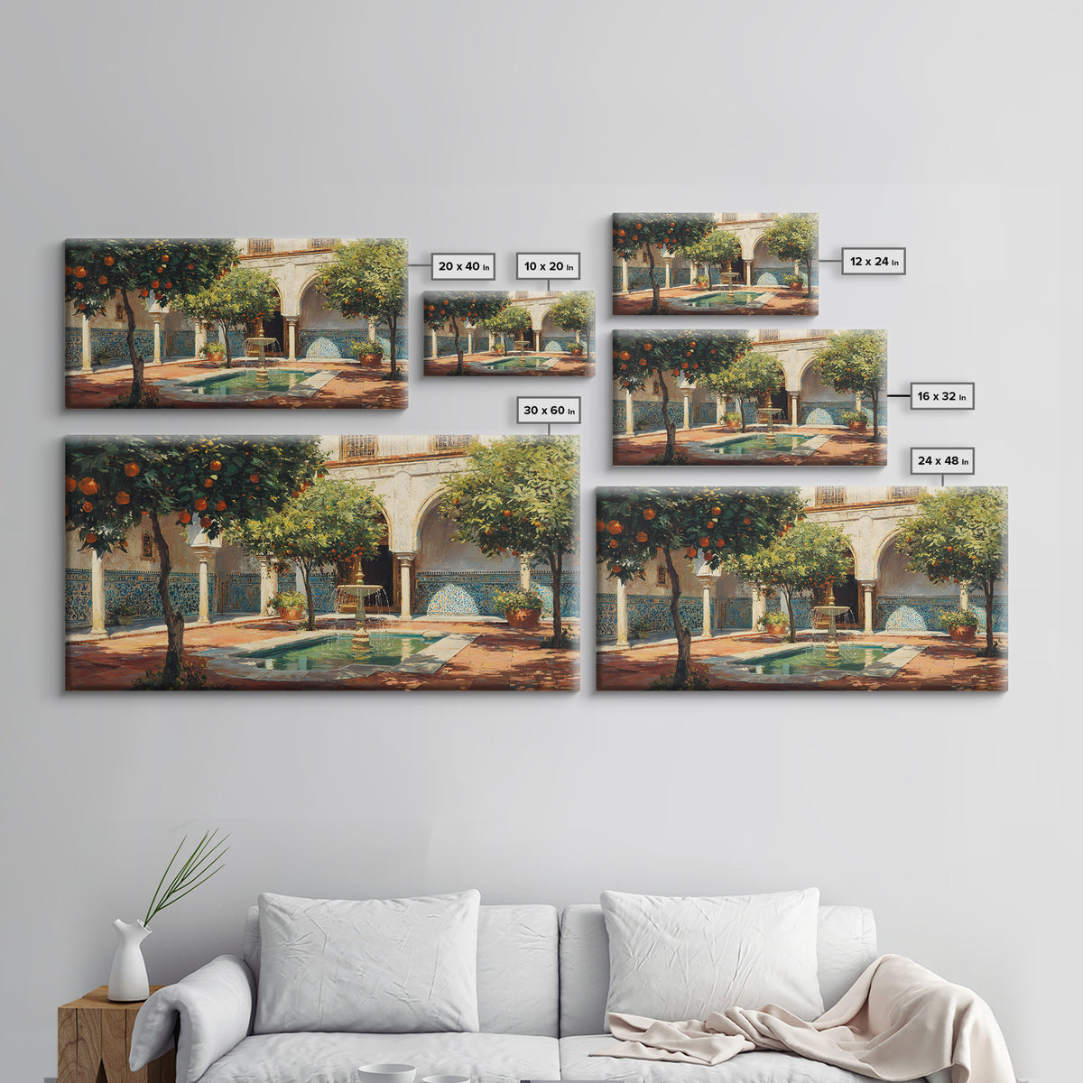Moroccan Courtyard With Orange Trees Framed Canvas Print, Mediterranean Wall Art, Islamic Architecture Home Decor Gift Idea