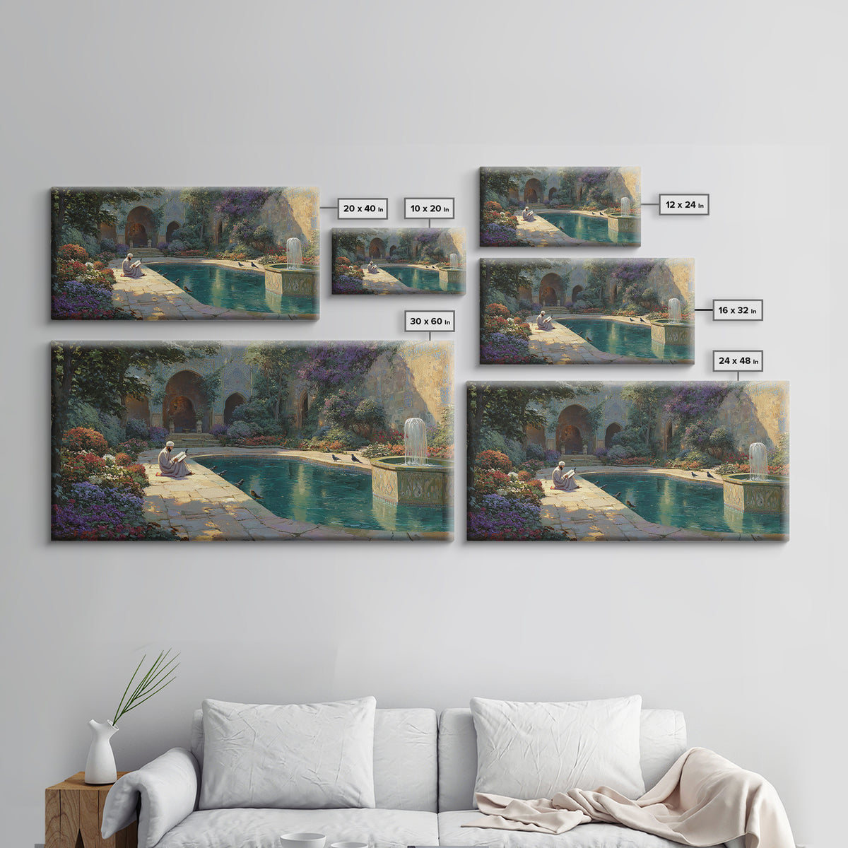 Serene Courtyard Garden With Fountain Wall Art, Mediterranean Canvas Print, Islamic Architecture, Peaceful Reading Nook Decor