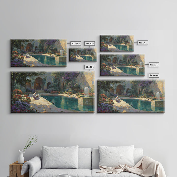 Serene Courtyard Garden With Fountain Wall Art, Mediterranean Canvas Print, Islamic Architecture, Peaceful Reading Nook Decor