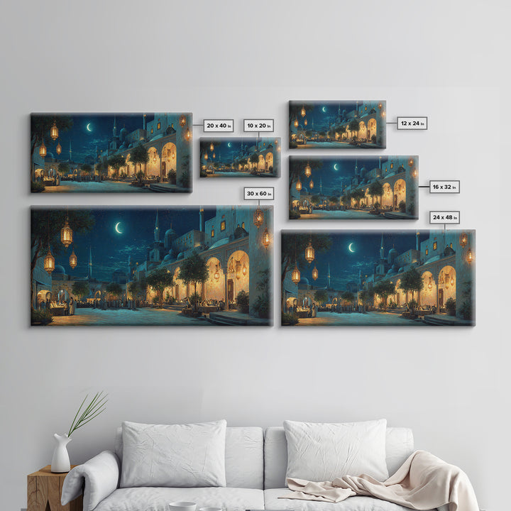 Moonlit Middle Eastern Market Street Wall Art, Islamic Architecture Canvas Print, Ramadan Decor, Moroccan Night Poster, Eid Gift