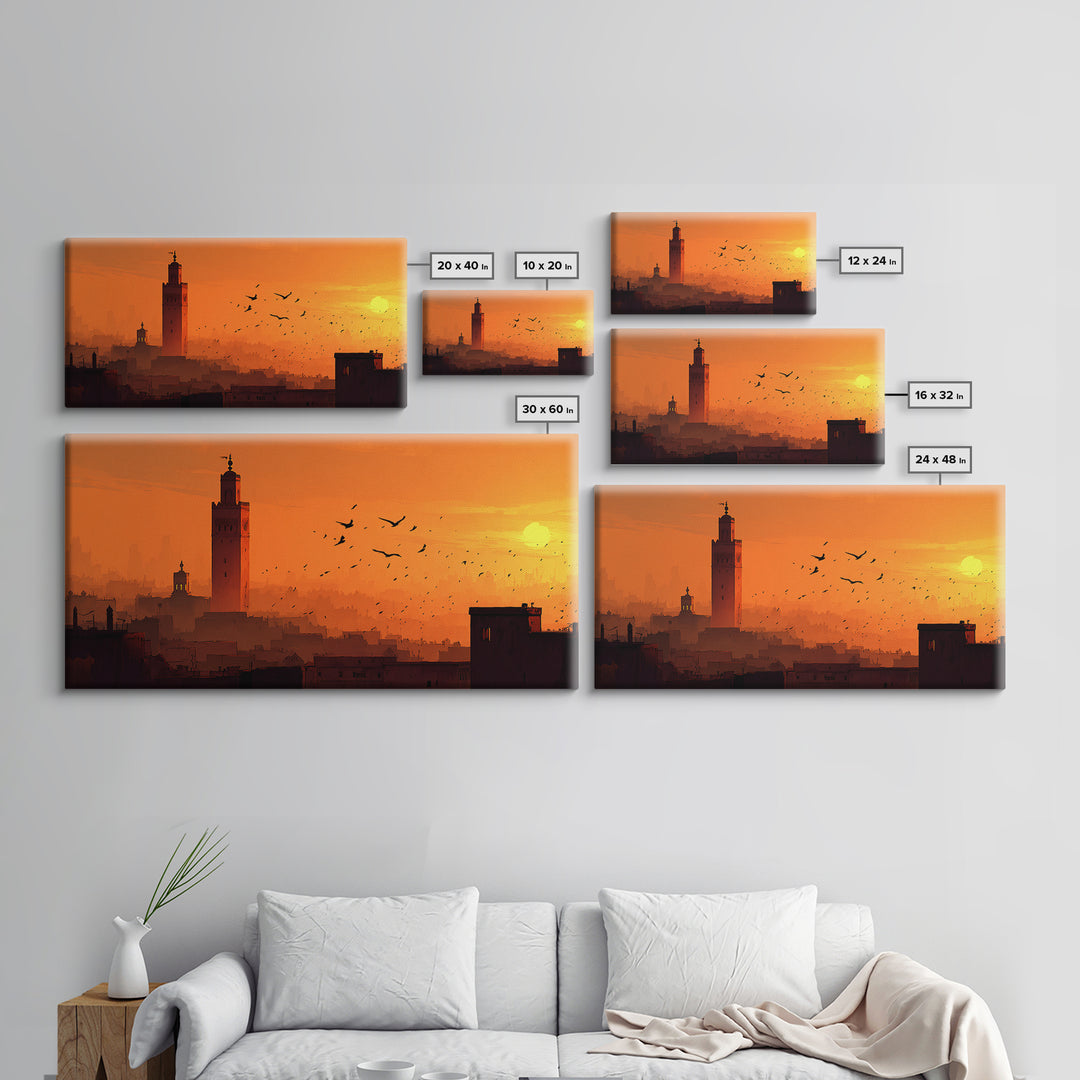 Orange Marrakech Skyline Wall Art, Moroccan Tower Sunset Canvas Print, Travel Poster, Islamic Architecture, Warm Home Decor