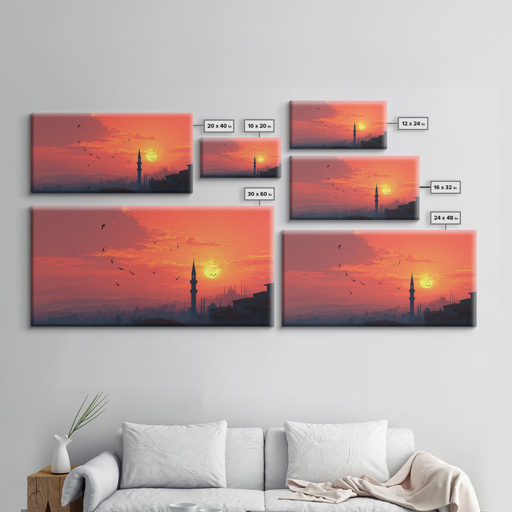 Istanbul Sunset Minaret Skyline Wall Art, Turkish Travel Poster For Living Room Decor, Orange Wall Decor And Housewarming Gift