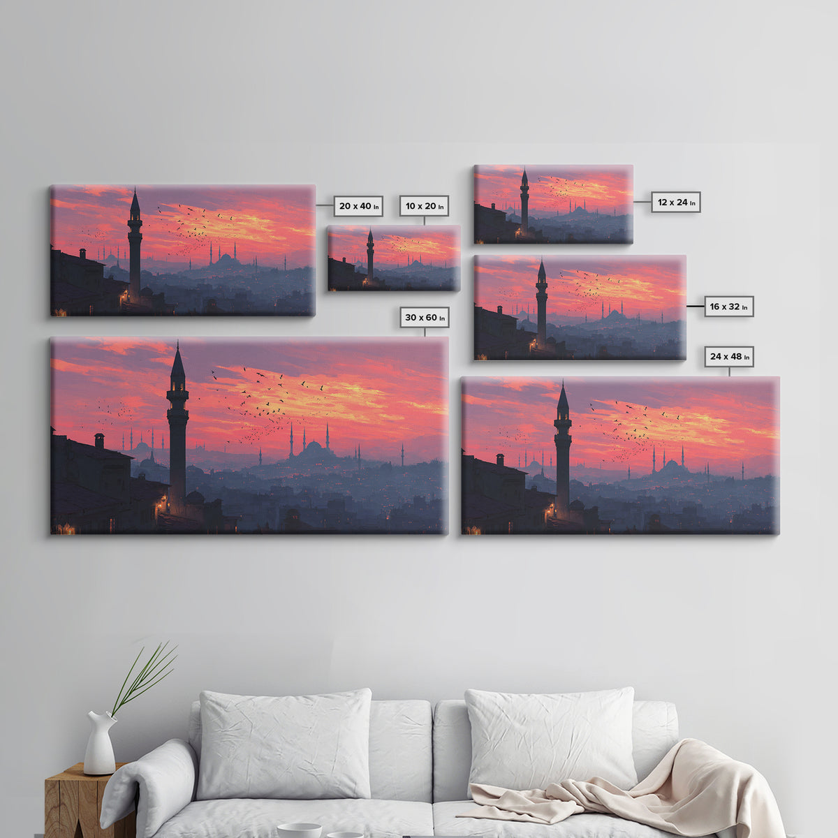 Istanbul Minarets At Pink Sunset Wall Art, Turkish Skyline Canvas Print, Middle Eastern Decor, Travel Poster, Islamic Art