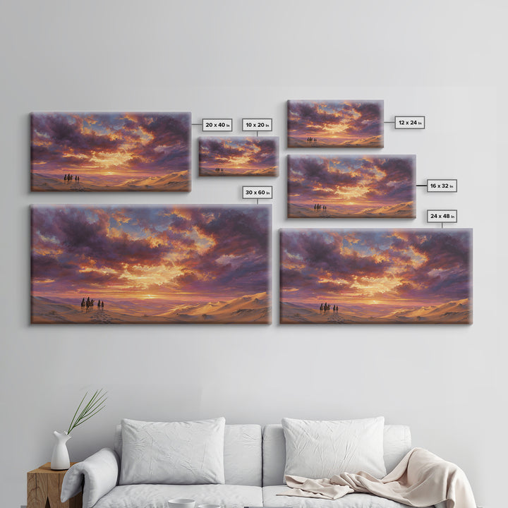 Desert Caravan At Purple Sunset Wall Art, Arabian Landscape Canvas Print, Dunes Travel Poster, Warm Boho Home Decor Gift