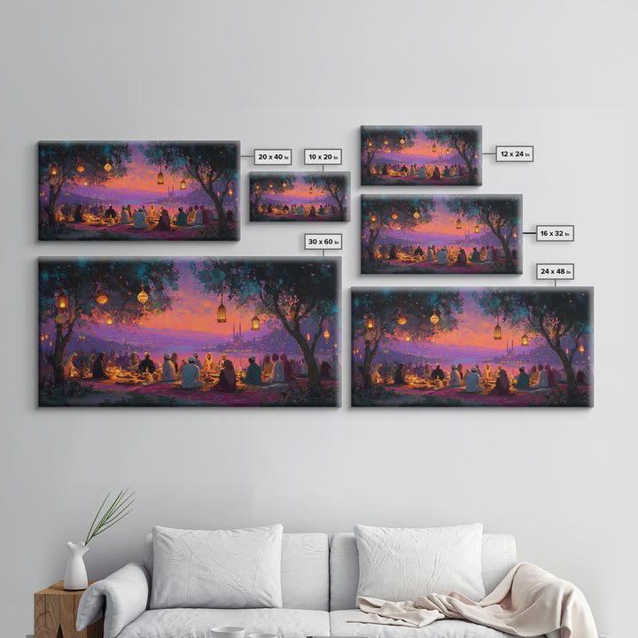 Lantern Lit Sunset Iftar Gathering Canvas Print, Islamic Wall Art, Ramadan Decor, Middle Eastern Home Decor Gift For Family