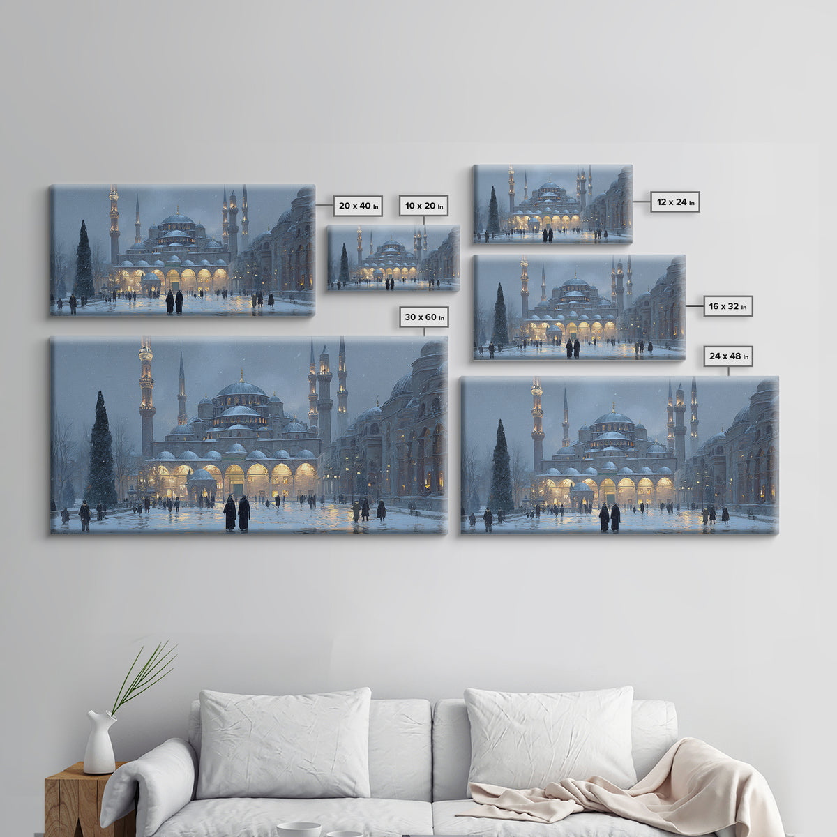 Snowy Istanbul Mosque Framed Canvas Print, Islamic Architecture Wall Art, Blue Winter Cityscape, Elegant Home Decor Gift