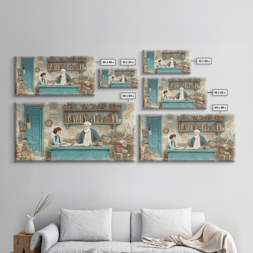 Wise Teacher And Child In Arabic Library Wall Art, Islamic Calligraphy Canvas Print, Scholarly Office Decor Gift For Teacher