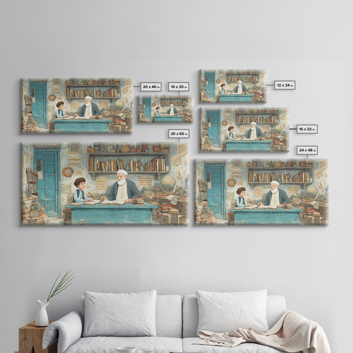 Wise Teacher And Child In Arabic Library Wall Art, Islamic Calligraphy Canvas Print, Scholarly Office Decor Gift For Teacher