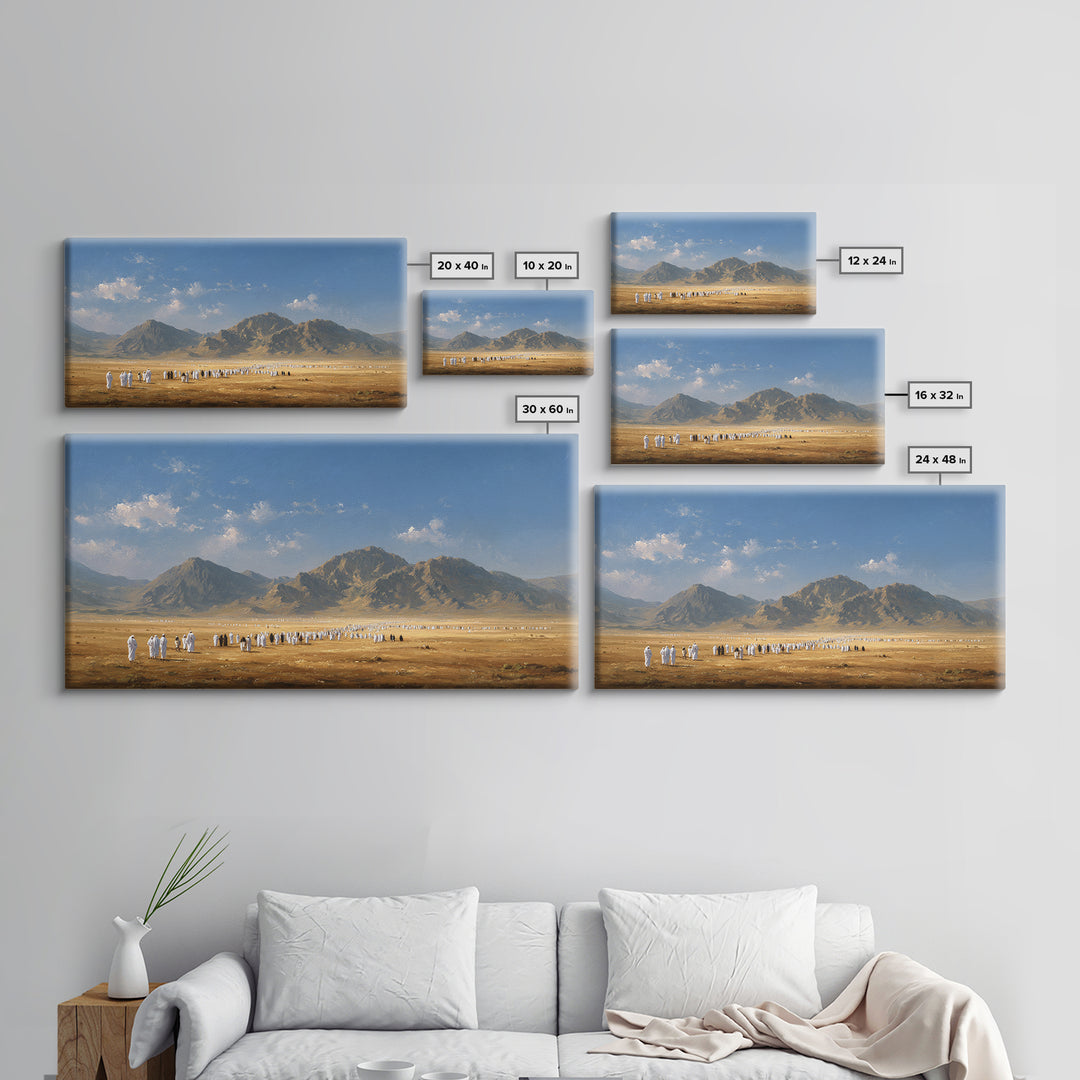 Desert Pilgrimage Beneath Rugged Mountains Framed Canvas Print, Islamic Wall Art, Panoramic Landscape Home Decor Gift Idea