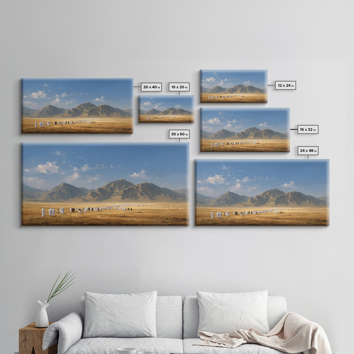 Desert Pilgrimage Beneath Rugged Mountains Framed Canvas Print, Islamic Wall Art, Panoramic Landscape Home Decor Gift Idea