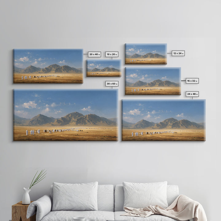 Desert Pilgrimage Beneath Rugged Mountains Framed Canvas Print, Islamic Wall Art, Panoramic Landscape Home Decor Gift Idea