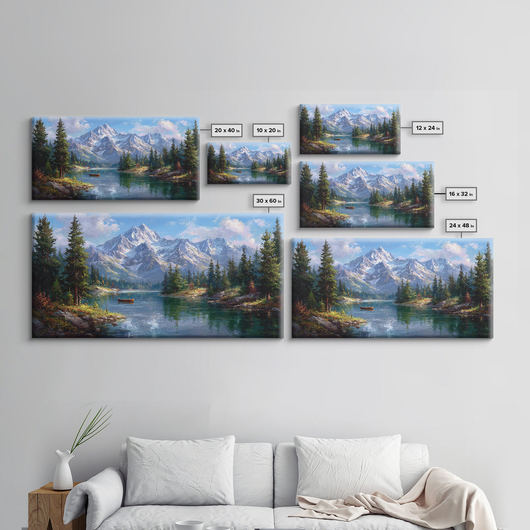 Snowy Mountain Lake With Canoe Framed Canvas Print, Alpine Landscape Wall Art, Rustic Cabin Decor, Nature Gift For Living Room