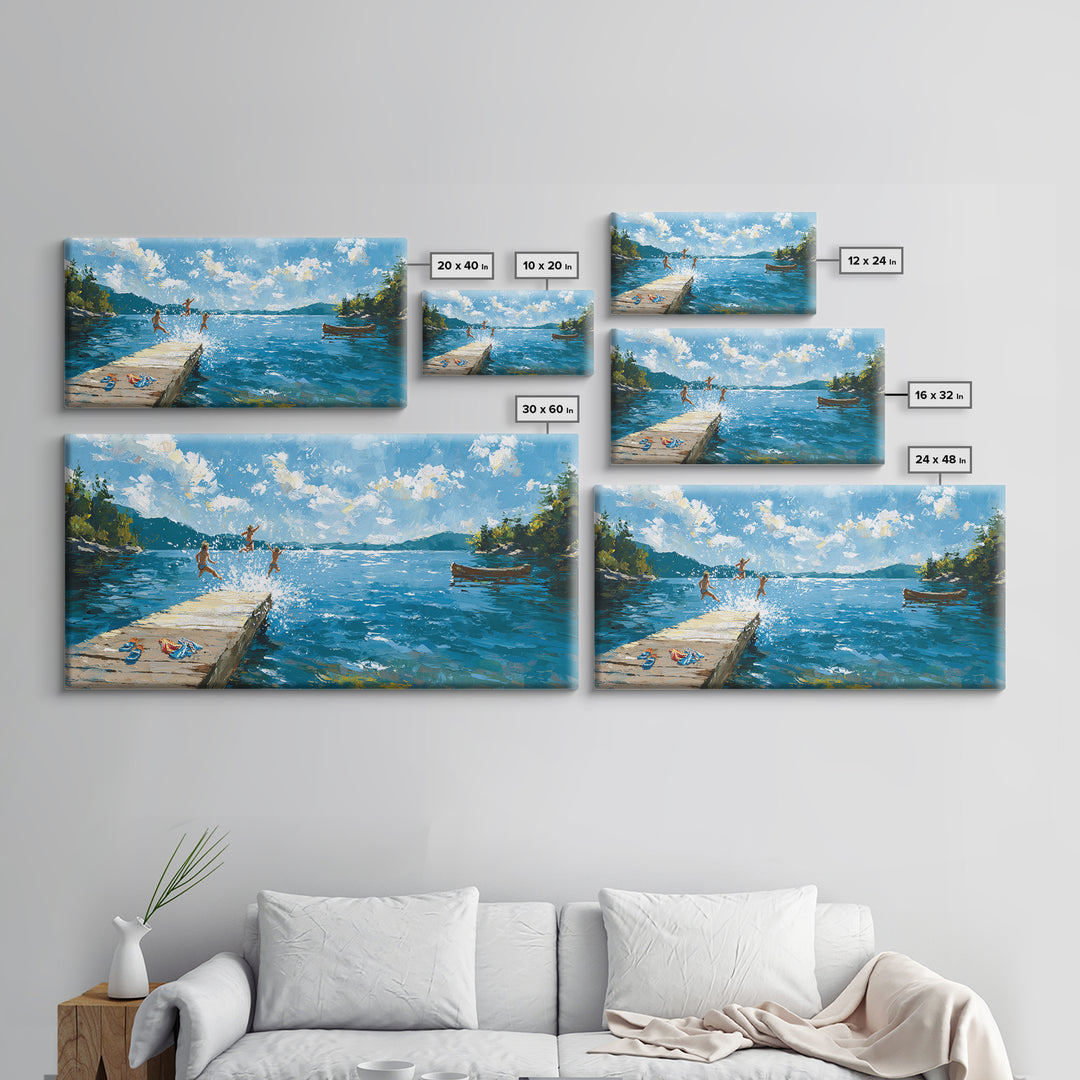 Summer Lake Dock Wall Art, Kids Swimming And Canoe Canvas, Bright Coastal Cabin Decor, Lake House Living Room Print Gift